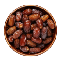 AI generated a bowl of dried date fruits isolated on a transparent background, top view, PNG