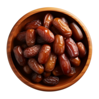 AI generated a bowl of dried date fruits isolated on a transparent background, top view, PNG