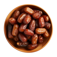 AI generated a bowl of dried date fruits isolated on a transparent background, top view, PNG