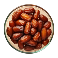 AI generated a bowl of dried date fruits isolated on a transparent background, top view, PNG