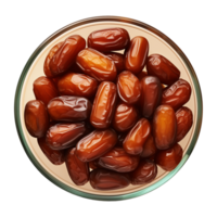 AI generated a bowl of dried date fruits isolated on a transparent background, top view, PNG