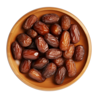 AI generated a bowl of dried date fruits isolated on a transparent background, top view, PNG