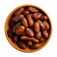 AI generated a bowl of dried date fruits isolated on a transparent background, top view, PNG