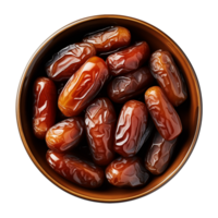 AI generated a bowl of dried date fruits isolated on a transparent background, top view, PNG