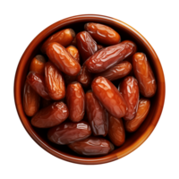 AI generated a bowl of dried date fruits isolated on a transparent background, top view, PNG