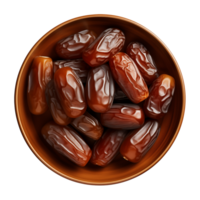 AI generated a bowl of dried date fruits isolated on a transparent background, top view, PNG