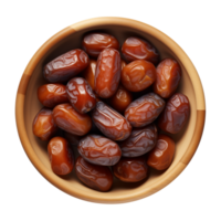 AI generated a bowl of dried date fruits isolated on a transparent background, top view, PNG