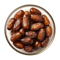 AI generated a bowl of dried date fruits isolated on a transparent background, top view, PNG