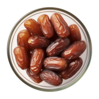 AI generated a bowl of dried date fruits isolated on a transparent background, top view, PNG