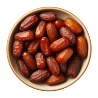 AI generated a bowl of dried date fruits isolated on a transparent background, top view, PNG