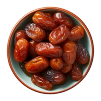 AI generated a bowl of dried date fruits isolated on a transparent background, top view, PNG