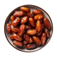 AI generated a bowl of dried date fruits isolated on a transparent background, top view, PNG