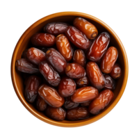 AI generated a bowl of dried date fruits isolated on a transparent background, top view, PNG