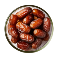 AI generated a bowl of dried date fruits isolated on a transparent background, top view, PNG