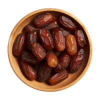 AI generated a bowl of dried date fruits isolated on a transparent background, top view, PNG