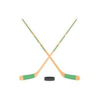 two crossed hockey sticks and a puck flat design vector illustration. Hockey sticks, cues with puck isolated on white background. Sport equipment symbol