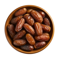 AI generated a bowl of dried date fruits isolated on a transparent background, top view, PNG