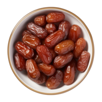 AI generated a bowl of dried date fruits isolated on a transparent background, top view, PNG