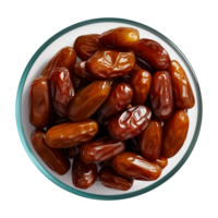 AI generated a bowl of dried date fruits isolated on a transparent background, top view, PNG