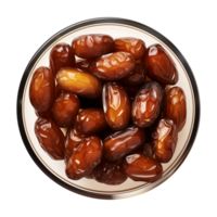 AI generated a bowl of dried date fruits isolated on a transparent background, top view, PNG