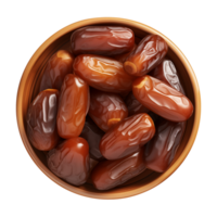 AI generated a bowl of dried date fruits isolated on a transparent background, top view, PNG