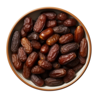 AI generated a bowl of dried date fruits isolated on a transparent background, top view, PNG