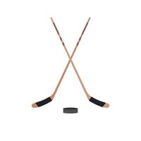 two crossed hockey sticks and a puck flat design vector illustration. Hockey sticks, cues with puck isolated on white background. Sport equipment symbol