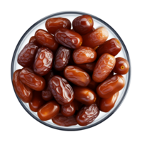 AI generated a bowl of dried date fruits isolated on a transparent background, top view, PNG