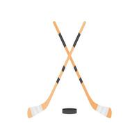 two crossed hockey sticks and a puck flat design vector illustration. Hockey sticks, cues with puck isolated on white background. Sport equipment symbol