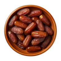 AI generated a bowl of dried date fruits isolated on a transparent background, top view, PNG