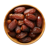 AI generated a bowl of dried date fruits isolated on a transparent background, top view, PNG