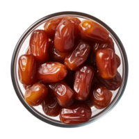 AI generated a bowl of dried date fruits isolated on a transparent background, top view, PNG