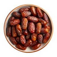 AI generated a bowl of dried date fruits isolated on a transparent background, top view, PNG