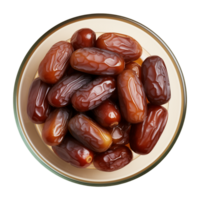 AI generated a bowl of dried date fruits isolated on a transparent background, top view, PNG