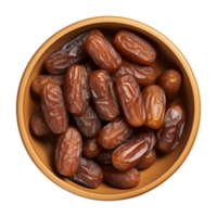 AI generated a bowl of dried date fruits isolated on a transparent background, top view, PNG