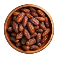 AI generated a bowl of dried date fruits isolated on a transparent background, top view, PNG