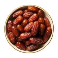 AI generated a bowl of dried date fruits isolated on a transparent background, top view, PNG