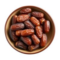 AI generated a bowl of dried date fruits isolated on a transparent background, top view, PNG