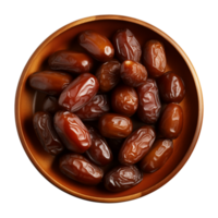 AI generated a bowl of dried date fruits isolated on a transparent background, top view, PNG