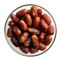 AI generated a bowl of dried date fruits isolated on a transparent background, top view, PNG