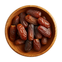 AI generated a bowl of dried date fruits isolated on a transparent background, top view, PNG