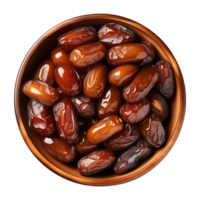 AI generated a bowl of dried date fruits isolated on a transparent background, top view, PNG