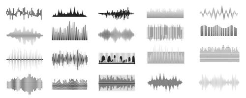 Sound waves mega set in flat graphic design. Bundle elements of abstract black lines radio frequency, audio waveforms, music equalizer, volume tunes levels, other. Vector illustration isolated objects