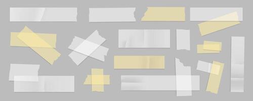 Sticky paper stripes mega set in flat graphic design. Collection elements of different transparent adhesive tapes with torn edges, white and yellow ripped fix scotch templates. Vector illustration.