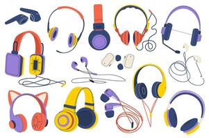 Headphones set graphic elements in flat design. Bundle of devices for listening to music and audio, earphones of various shapes, wireless vacuum plugs and other. Vector illustration isolated objects