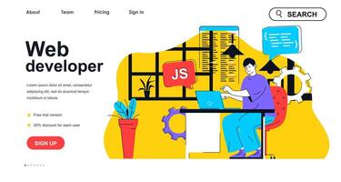 Web developer concept for landing page template. Designer develops site layout and writes code. Online page development people scene. Vector illustration with flat character design for web banner