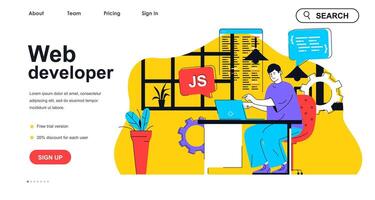 web desarrollador concepto para aterrizaje página modelo. diseñador desarrolla sitio diseño y escribe código. en línea página desarrollo personas escena. vector ilustración con plano personaje diseño para web bandera