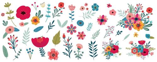 Flowers mega set in flat graphic design. Bundle elements of abstract different blooming wildflowers and spring blossoms, bouquet arrangements, herbs and plants. Vector illustration isolated objects