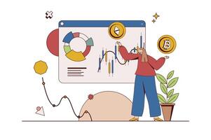 Crypto market concept with character situation in flat design. Woman analyzes data from different online exchanges and manages cryptocurrency wallets. Vector illustration with people scene for web