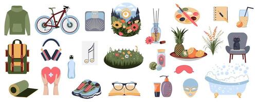 Self care objects mega set in flat graphic design. Collection elements of travel and sports equipments, reading book, painting, writing, aromatherapy relax, spa items, other. Vector illustration.